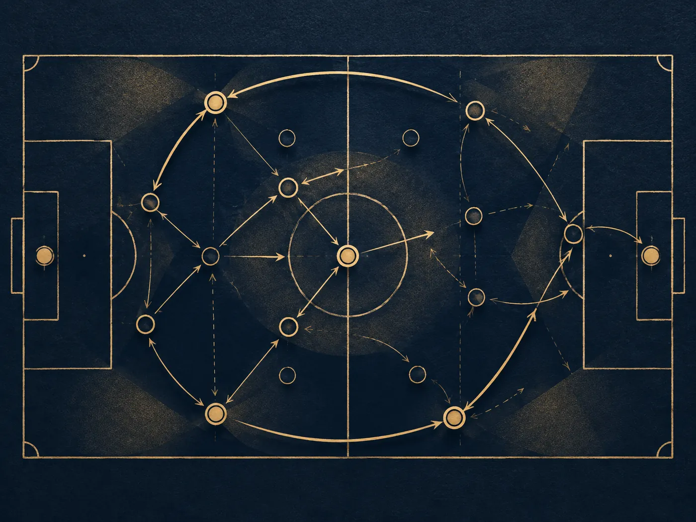 Gold football tactics board on deep navy with player markers and arrows